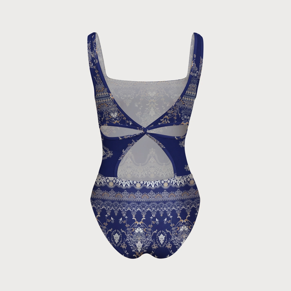 Royal Blue Baroque Swimsuit With Back Mesh Knot