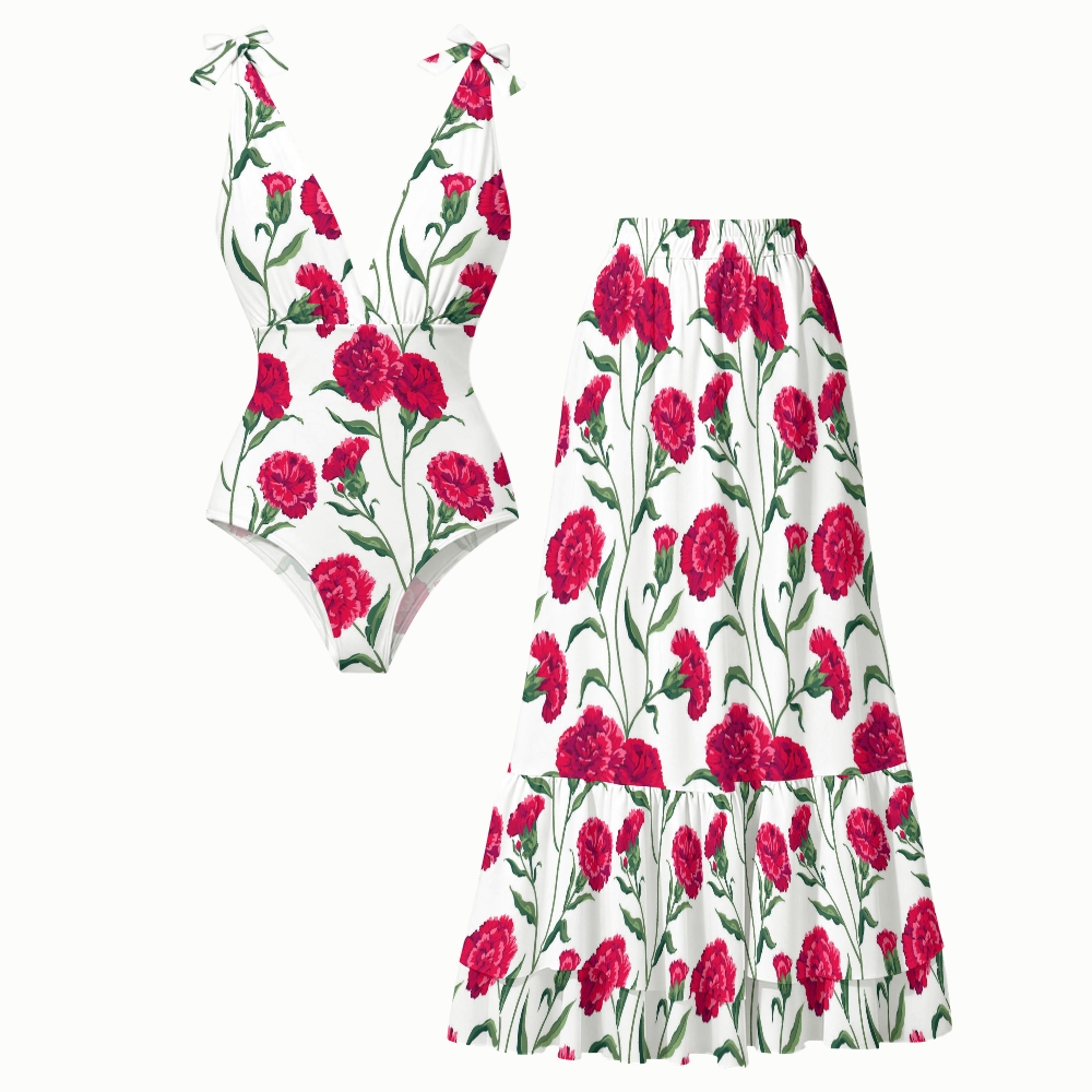 Women's Red Carnation Print One-Piece Swimsuit Set