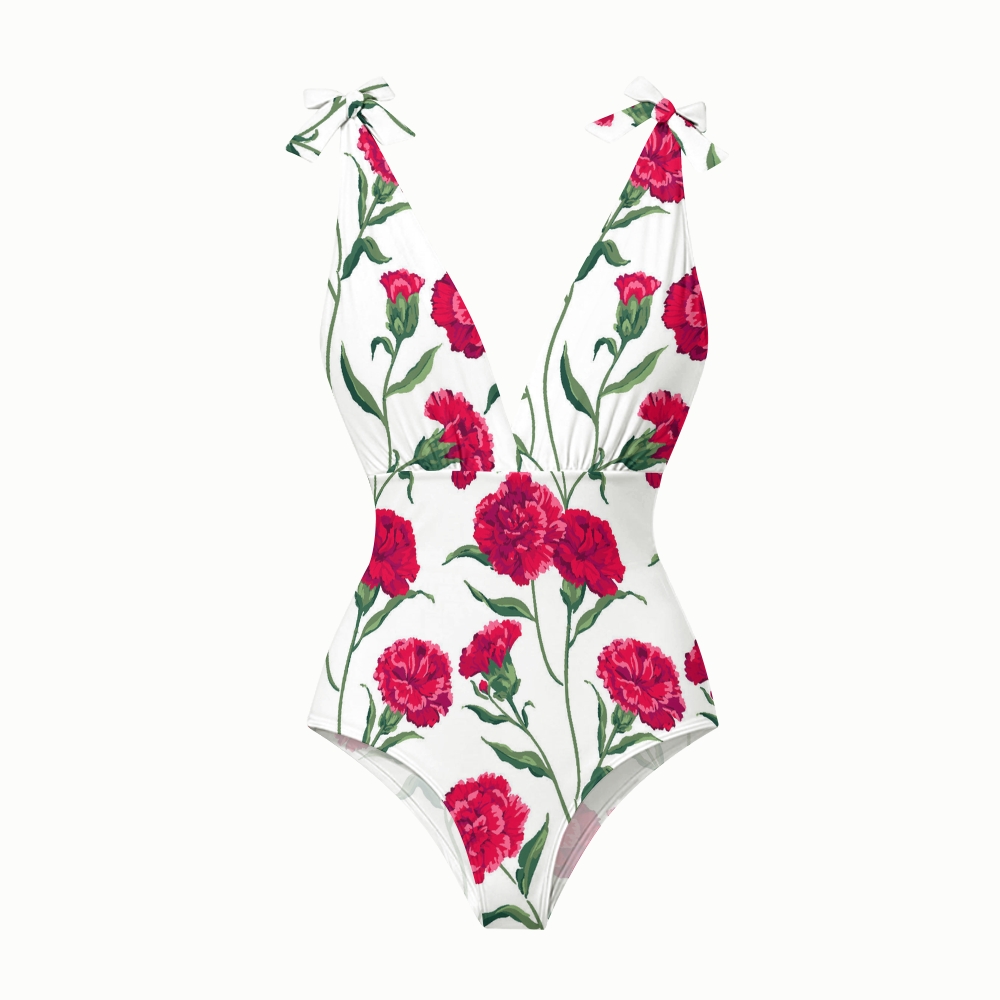 Women's Red Carnation Print One-Piece Swimsuit Set