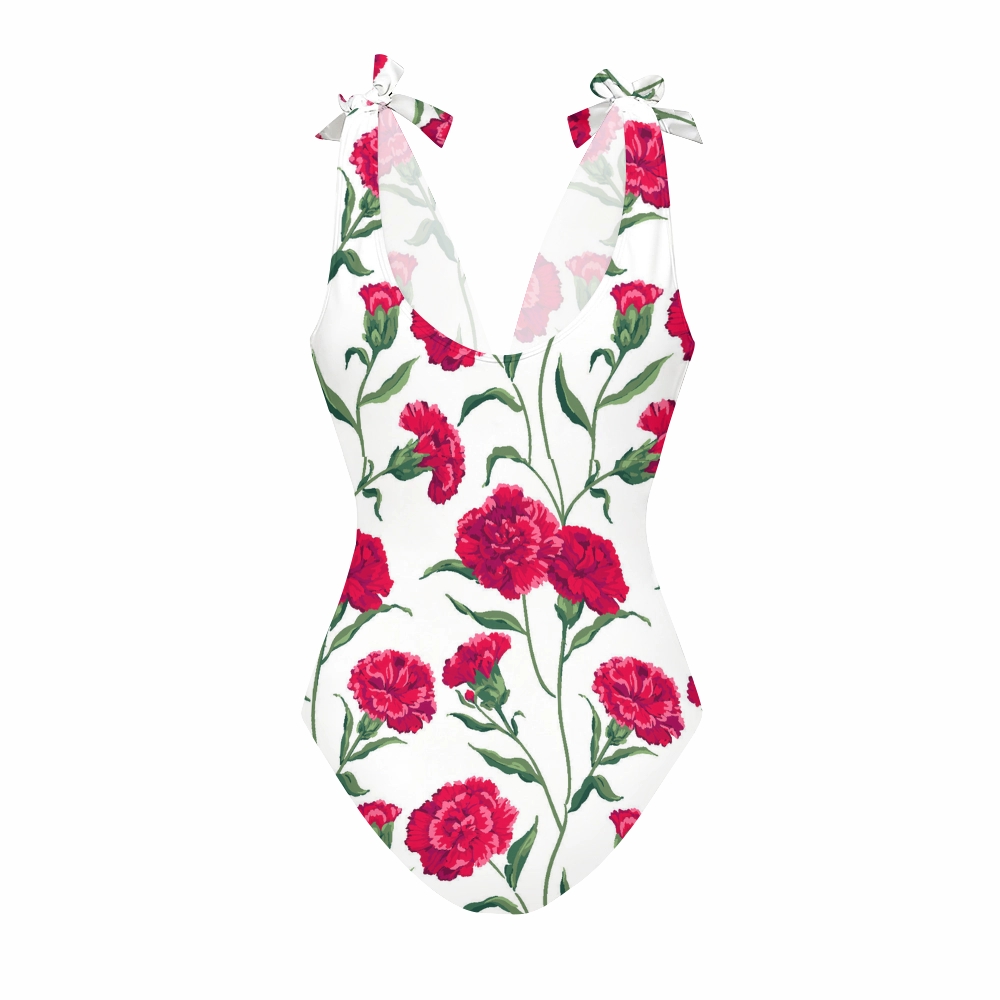 Women's Red Carnation Print One-Piece Swimsuit Set