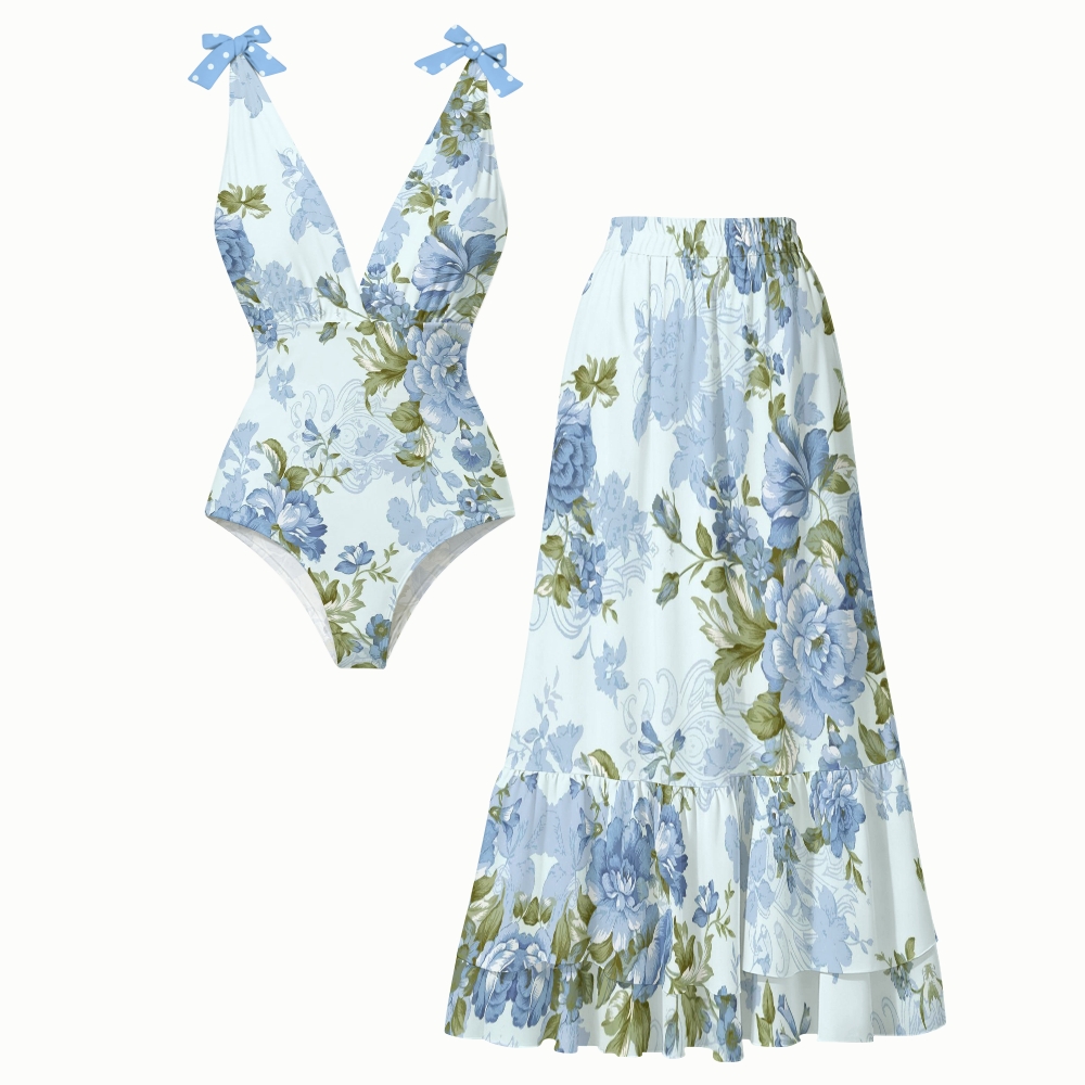 Women's Blue Peony Print One-Piece Swimsuit Set
