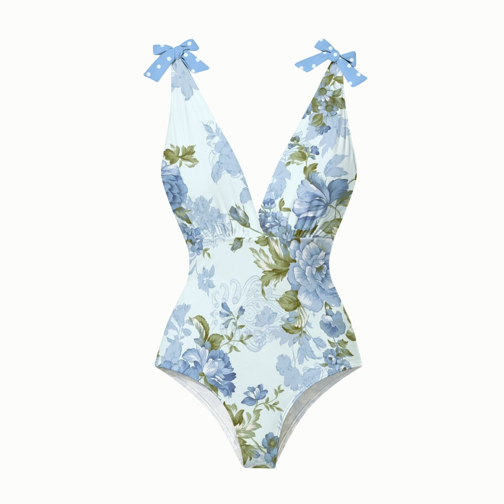 Women's Blue Peony Print One-Piece Swimsuit Set