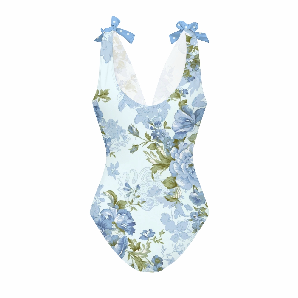 Women's Blue Peony Print One-Piece Swimsuit Set