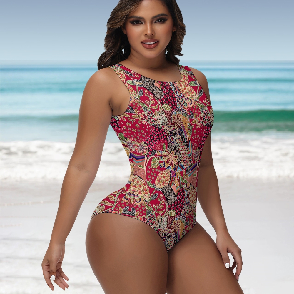 Bohemian Red Base Ethnic Abstract Floral Sleeveless Zipper One-Piece