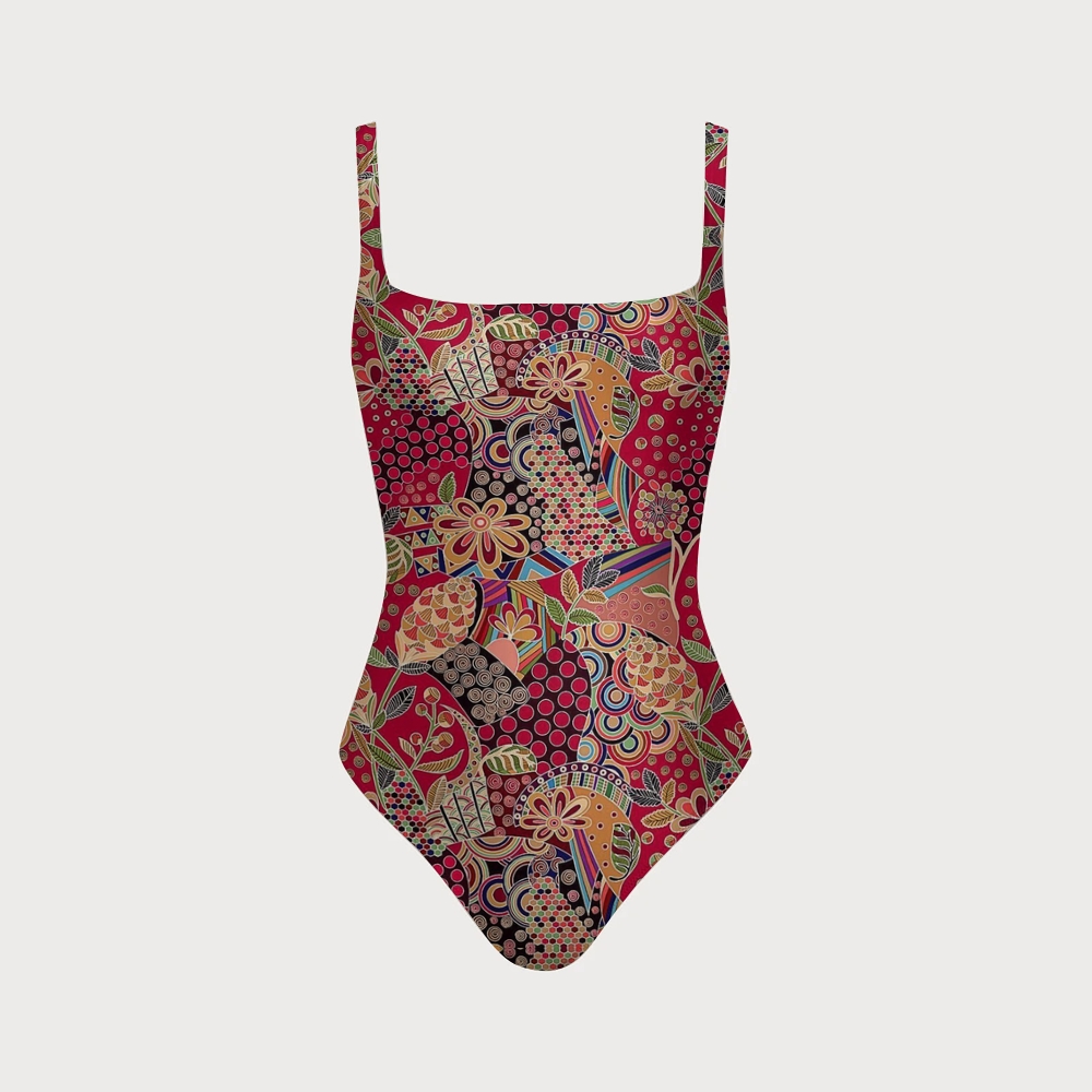 Bohemian Red Base Ethnic Abstract Floral One-Piece