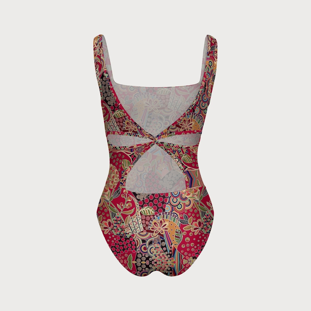 Bohemian Red Base Ethnic Abstract Floral One-Piece