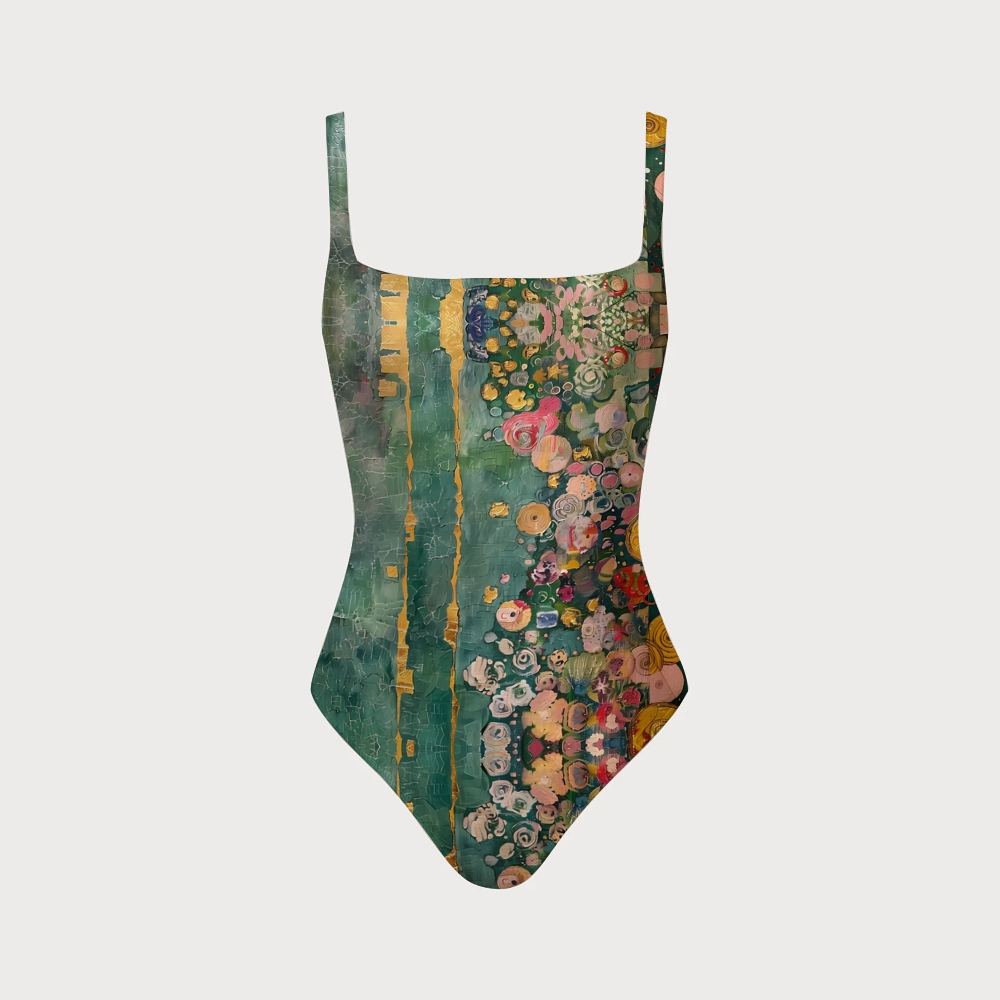 Klimt Art Style Green Base Floral Mosaic Print Neck One-Piece