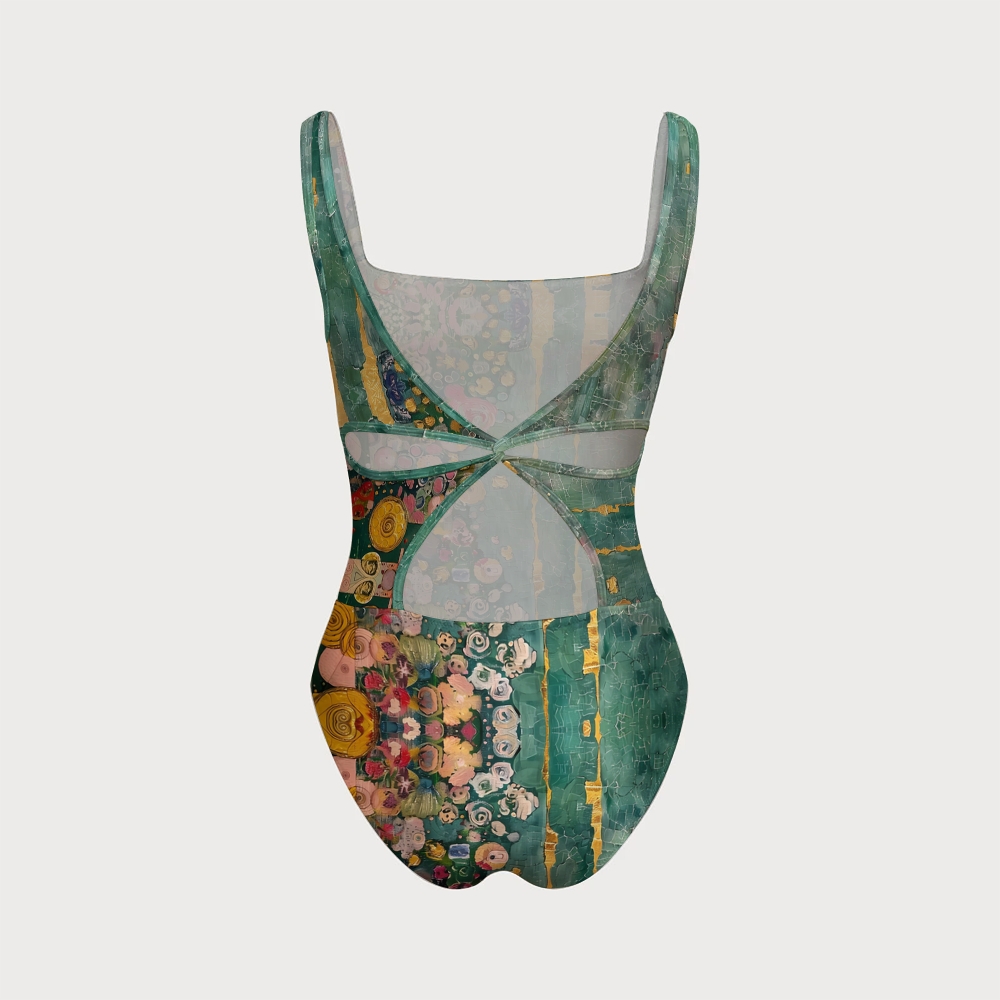 Klimt Art Style Green Base Floral Mosaic Print Neck One-Piece