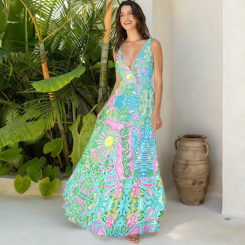 Lilly Pulitzer Style Florida Map Halter One Piece with Ruffle Cover Up Skirt Set