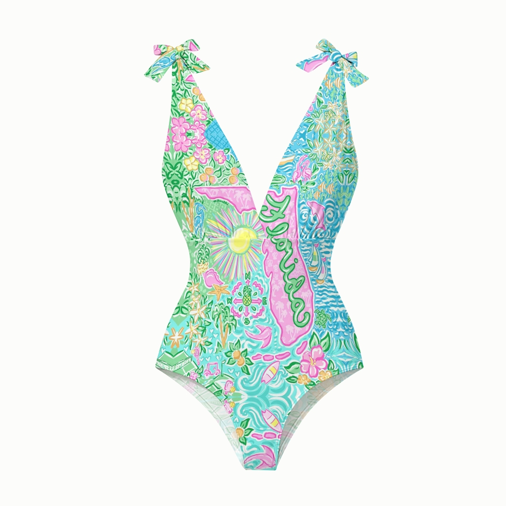 Lilly Pulitzer Style Florida Map Halter One Piece with Ruffle Cover Up Skirt Set