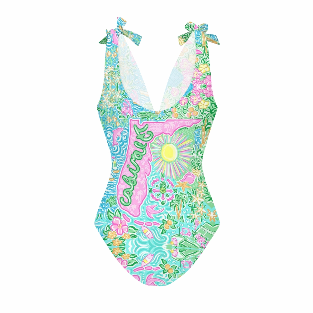 Lilly Pulitzer Style Florida Map Halter One Piece with Ruffle Cover Up Skirt Set