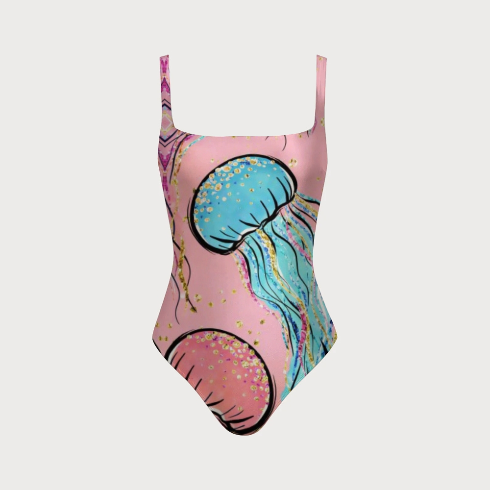 Marine Life Graffiti Pink Base Jellyfish Gold Foil Print One-Piece