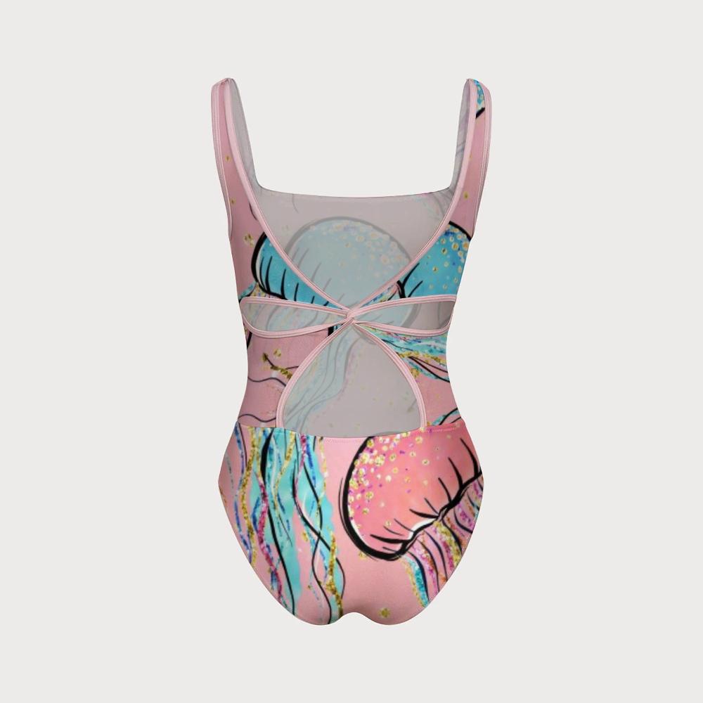Marine Life Graffiti Pink Base Jellyfish Gold Foil Print One-Piece