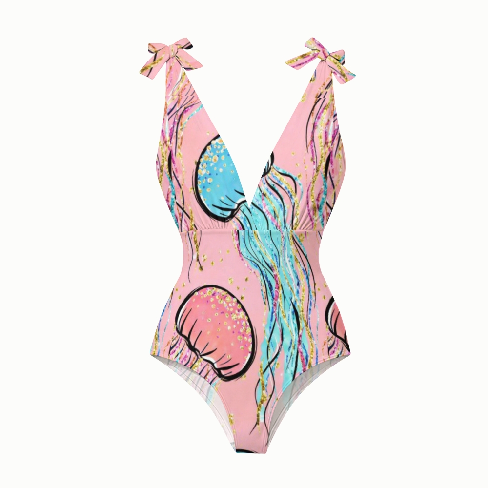 Marine Life Graffiti Jellyfish Gold Foil One Piece with Ruffle Cover Up Skirt