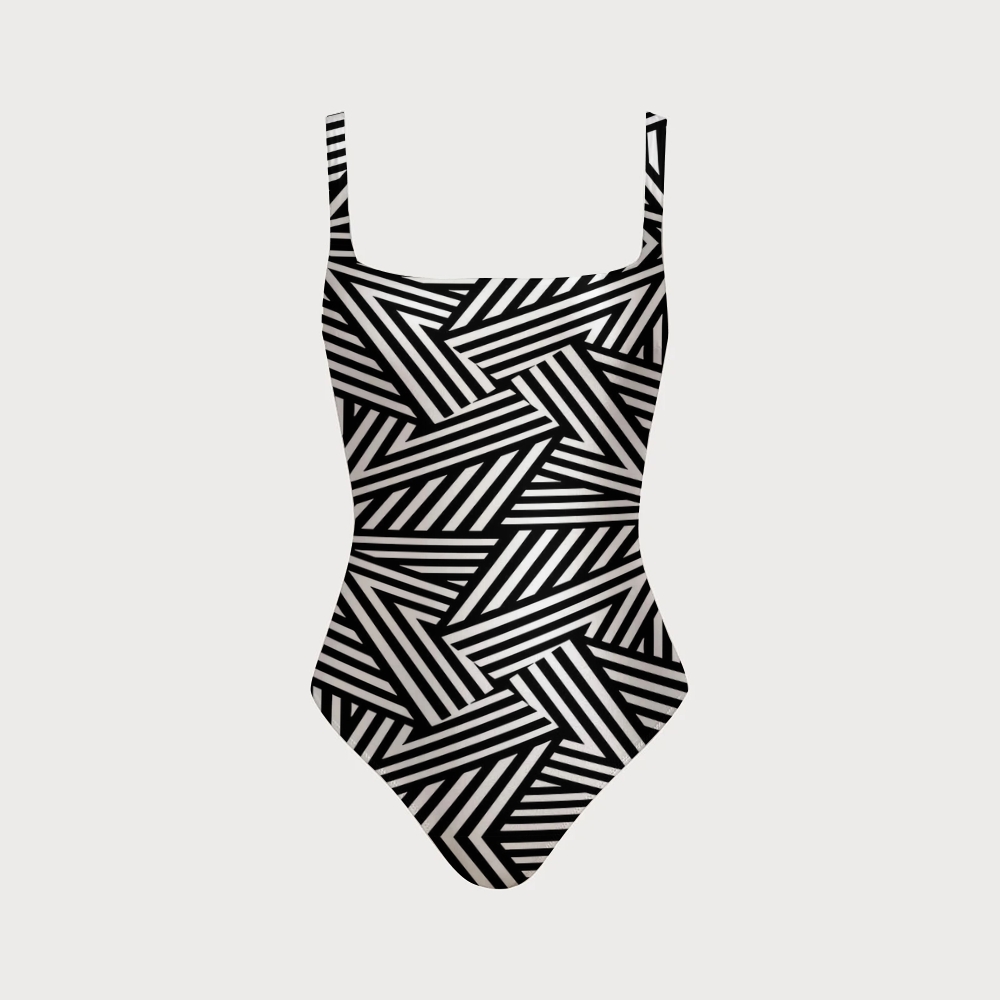 Op Art Geometric Woven Stripe Print Back Crisscross One-Piece