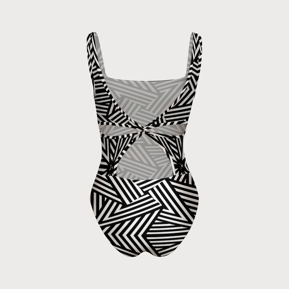 Op Art Geometric Woven Stripe Print Back Crisscross One-Piece