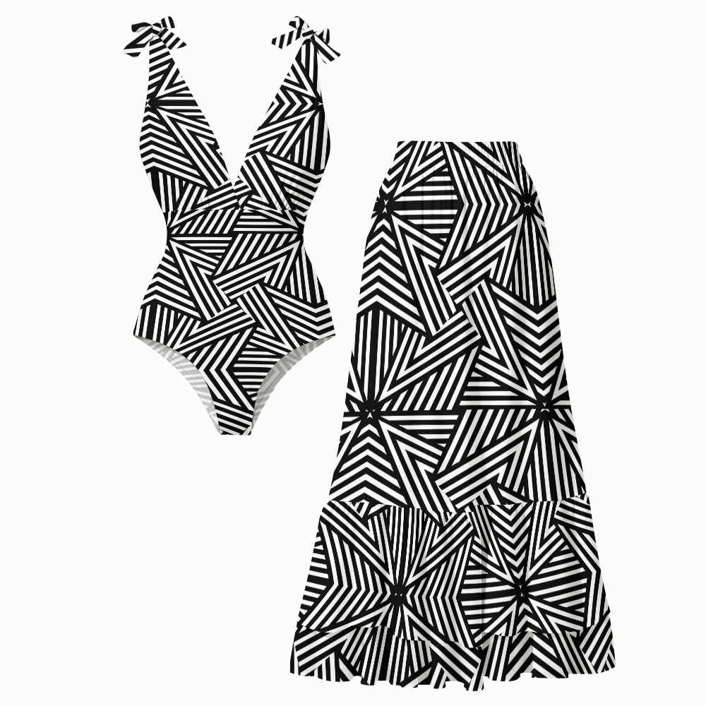 Op Art Geometric Starburst One Piece with Ruffle Cover Up Skirt