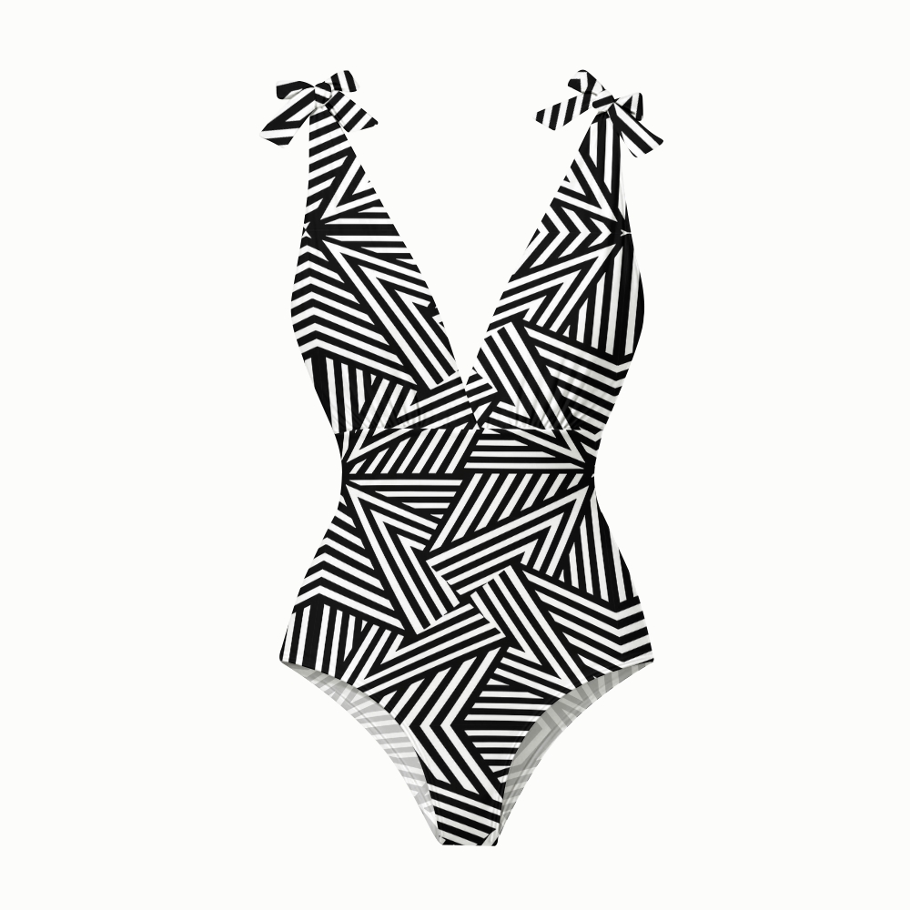 Op Art Geometric Starburst One Piece with Ruffle Cover Up Skirt