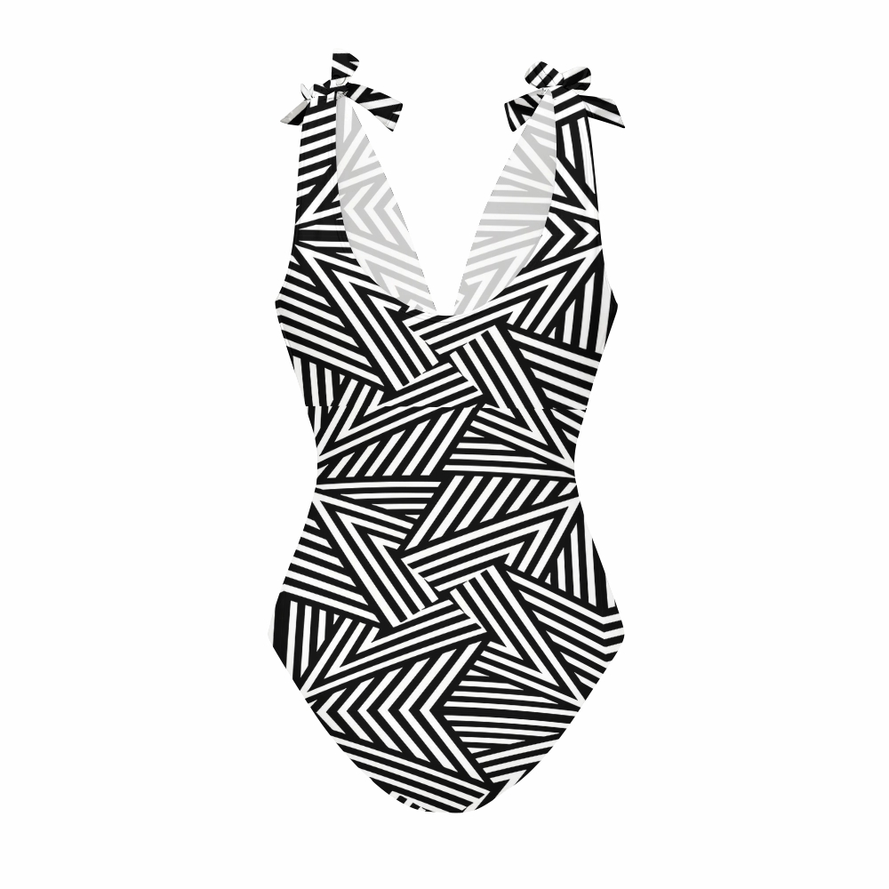 Op Art Geometric Starburst One Piece with Ruffle Cover Up Skirt