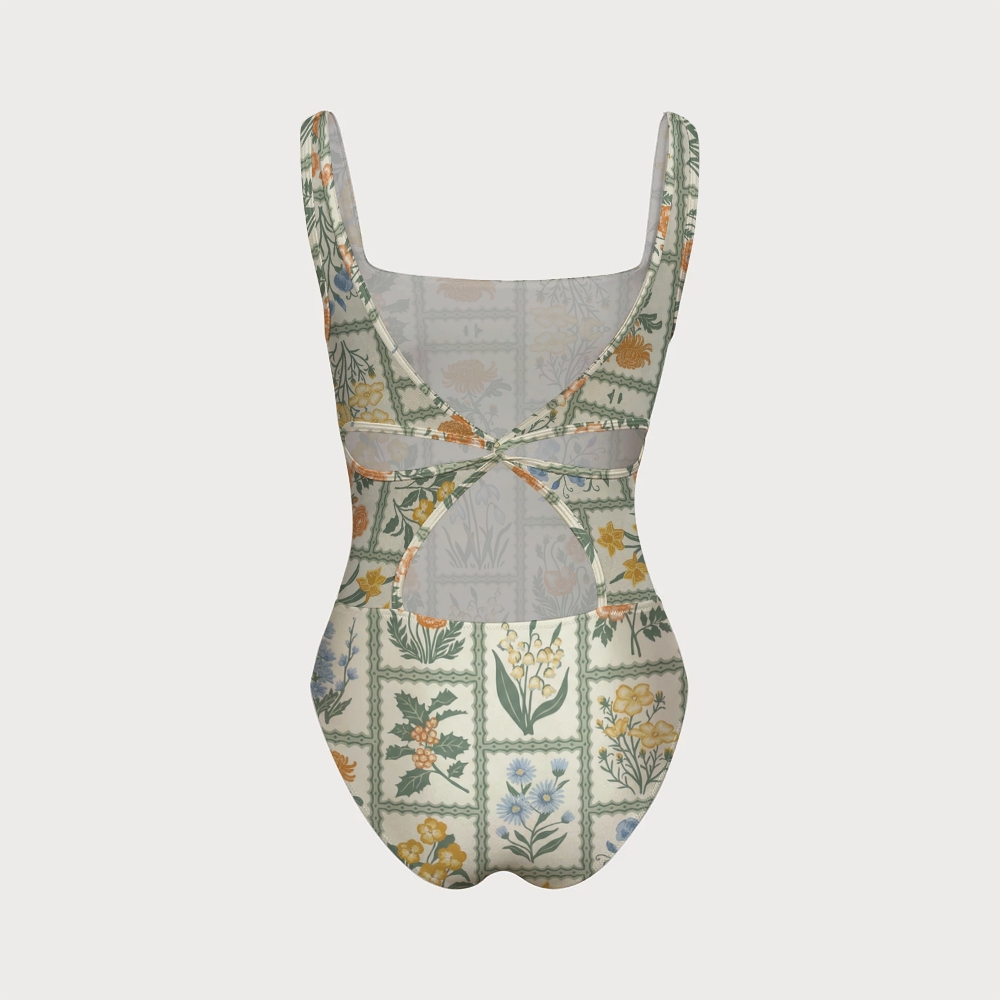 Women's Vintage Botanical One-piece Swimsuit With Back Mesh Knot