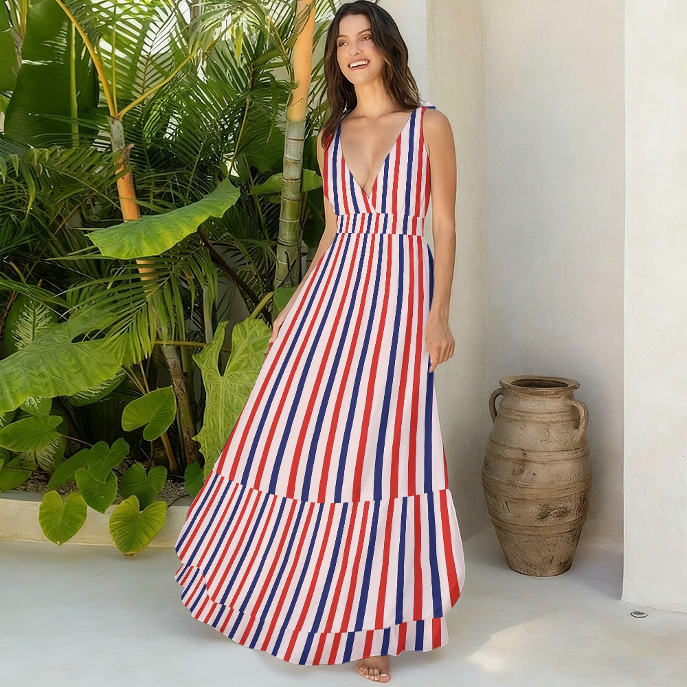 Retro Americana Vertical Stripe One Piecewith Ruffle Cover Up Skirt 