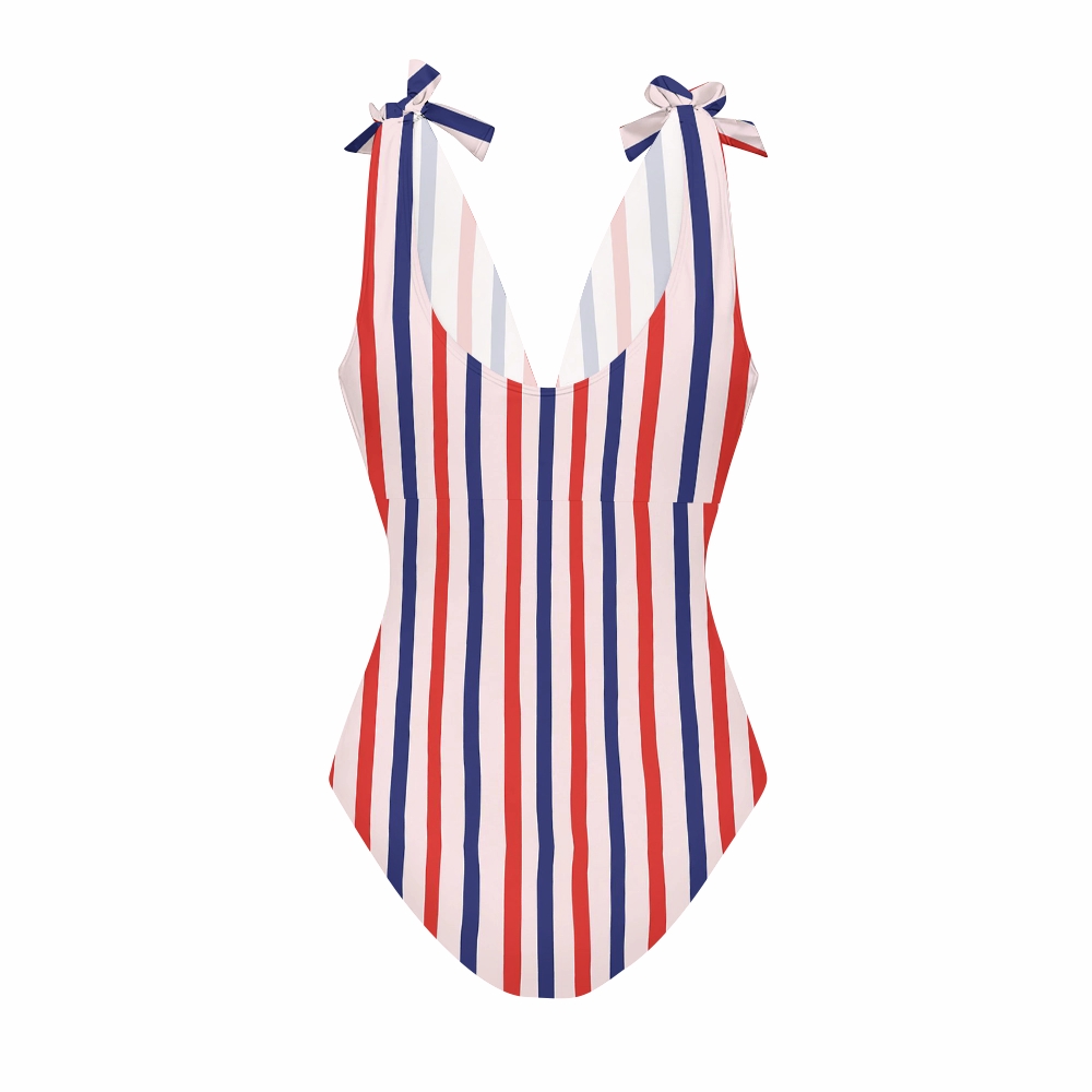 Retro Americana Vertical Stripe One Piecewith Ruffle Cover Up Skirt 