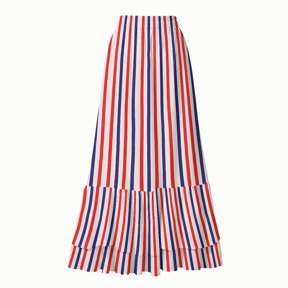 Retro Americana Vertical Stripe One Piecewith Ruffle Cover Up Skirt 