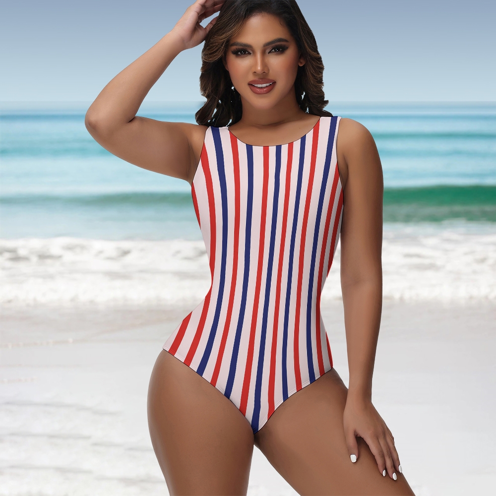Retro Americana Vertical Stripe Sleeveless Zipper One-Piece