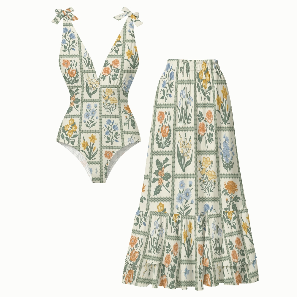 Women's Vintage Botanical One-Piece Swimsuit Set