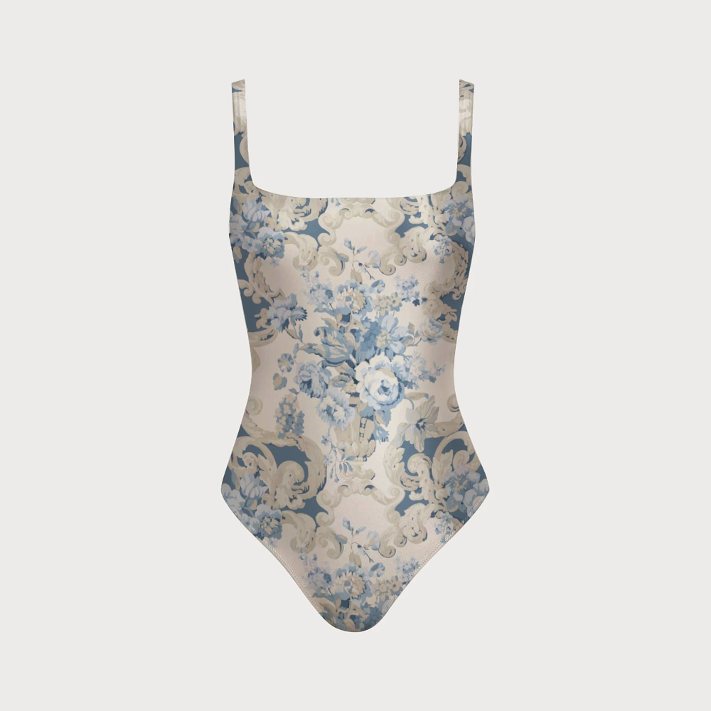 Women's Blue Floral Damask Print One-piece Swimsuit