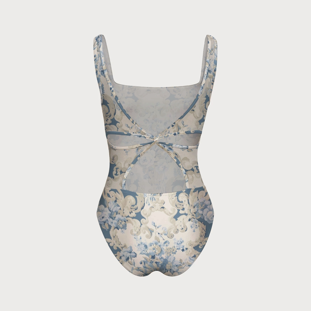 Women's Blue Floral Damask Print One-piece Swimsuit