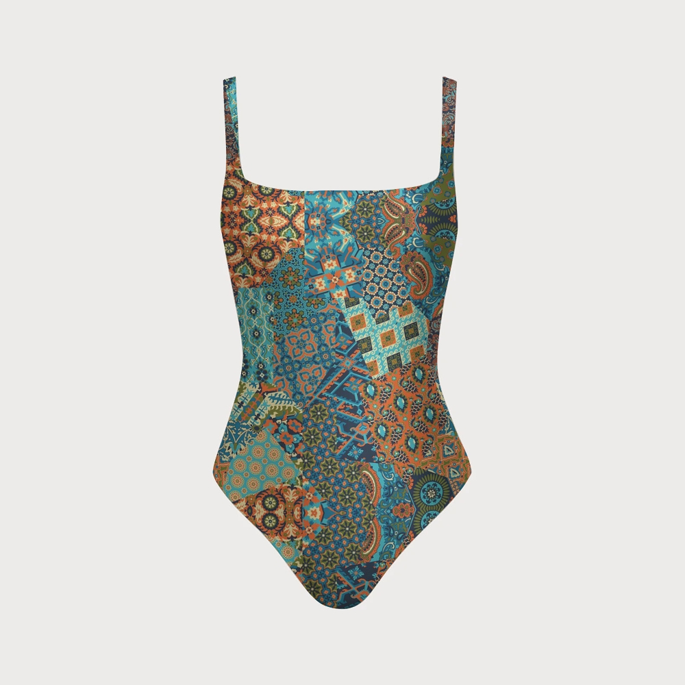 Boho Retro Paisley Geometric Patchwork Square Neck One-Piece