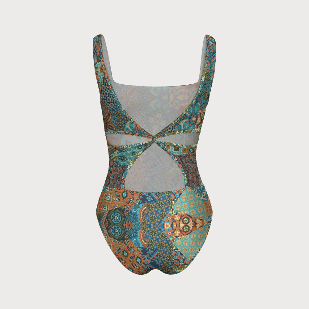 Boho Retro Paisley Geometric Patchwork Square Neck One-Piece