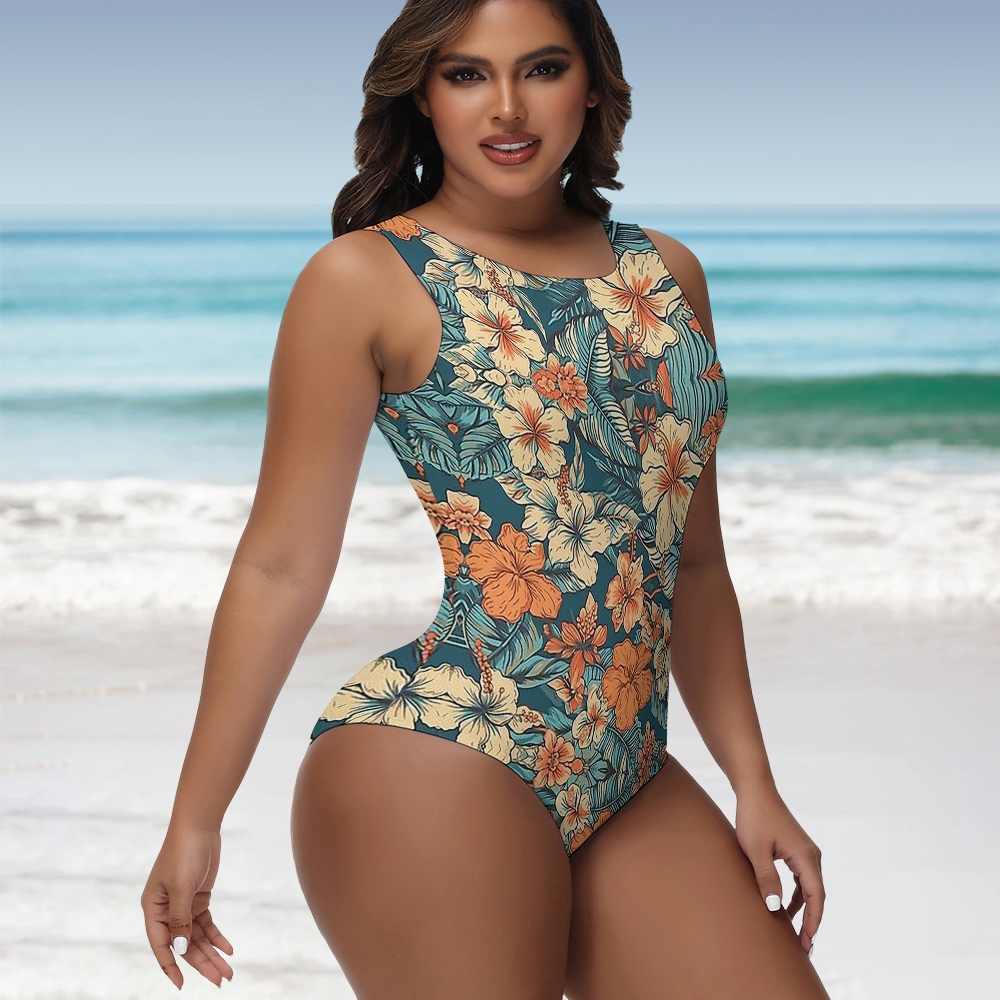 Tropical Retro Palm Leaf Print Sleeveless Zipper One-Piece