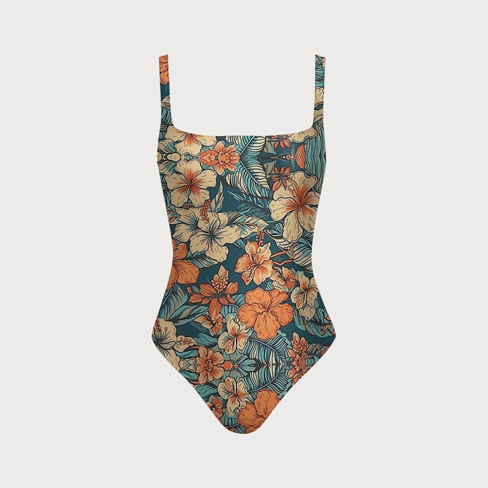 Tropical Retro Hibiscus Palm Leaf Back Crisscross One-Piece
