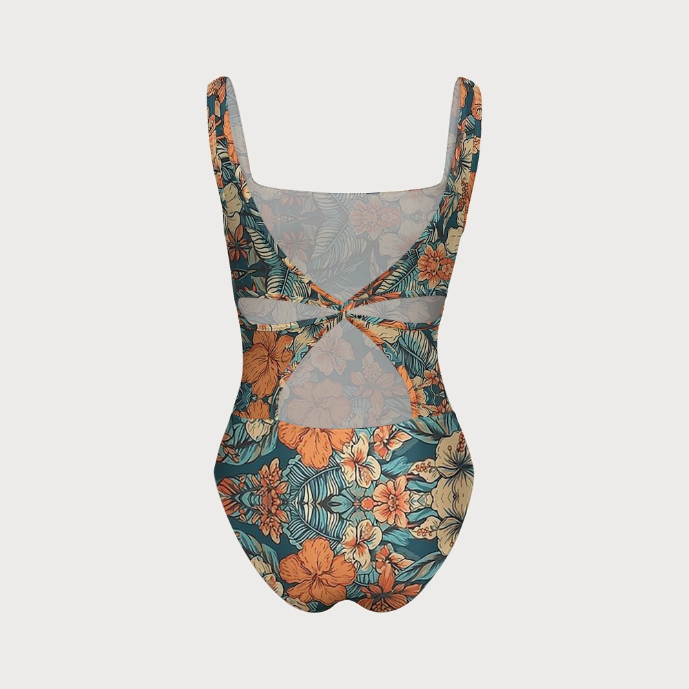 Tropical Retro Hibiscus Palm Leaf Back Crisscross One-Piece