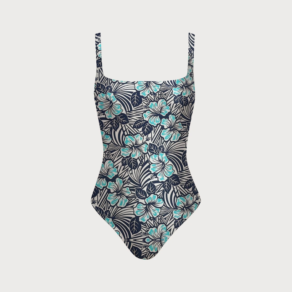 Tropical Hibiscus Palm Leaf Print Back Crisscross One-Piece