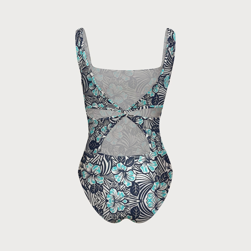 Tropical Hibiscus Palm Leaf Print Back Crisscross One-Piece