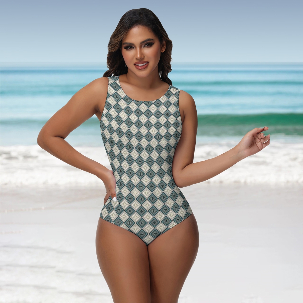 Retro Geometric Diamond Starburst Sleeveless Zipper One-Piece