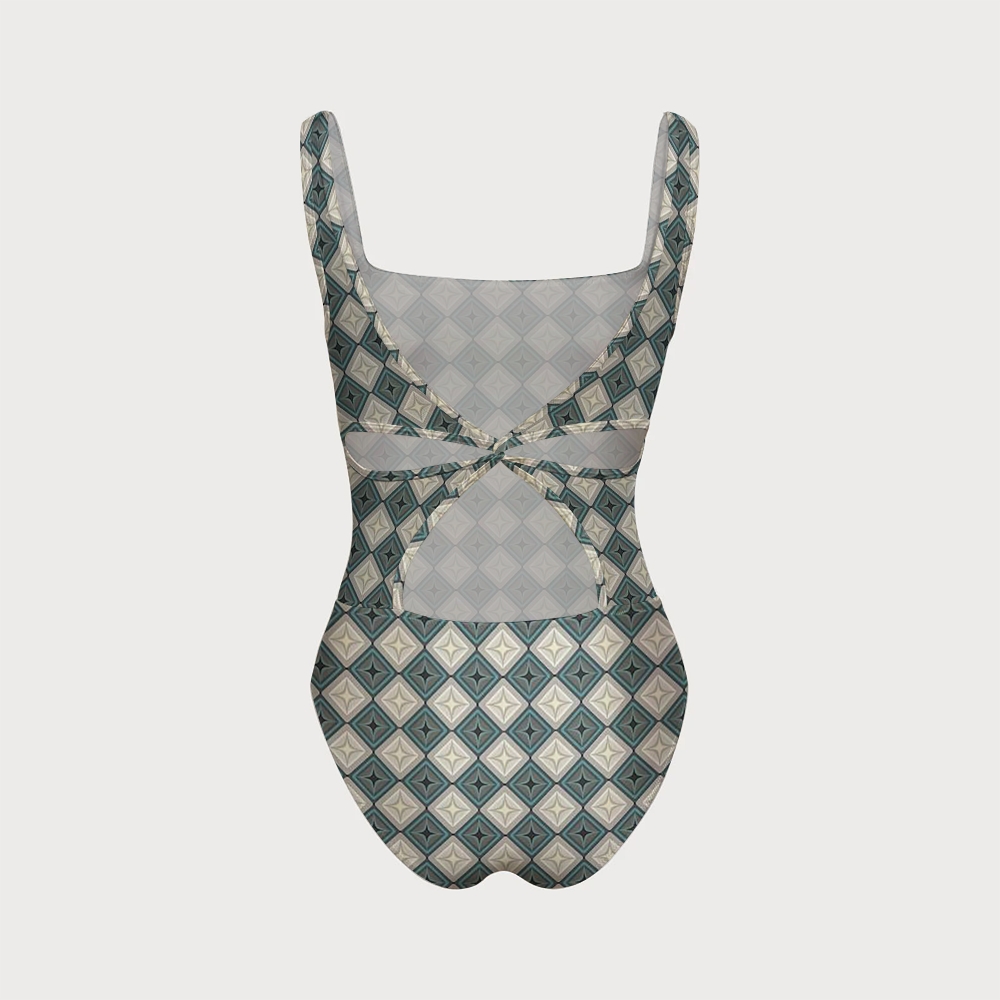 Retro Geometric Diamond Starburst Back Crisscross One-Piece