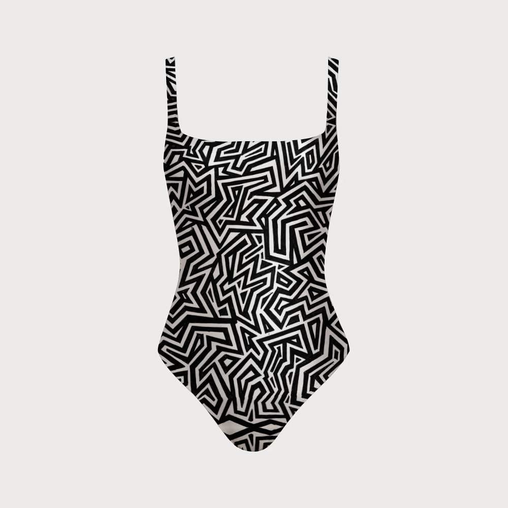 Minimalist Geometric Maze Print Back Crisscross One-Piece