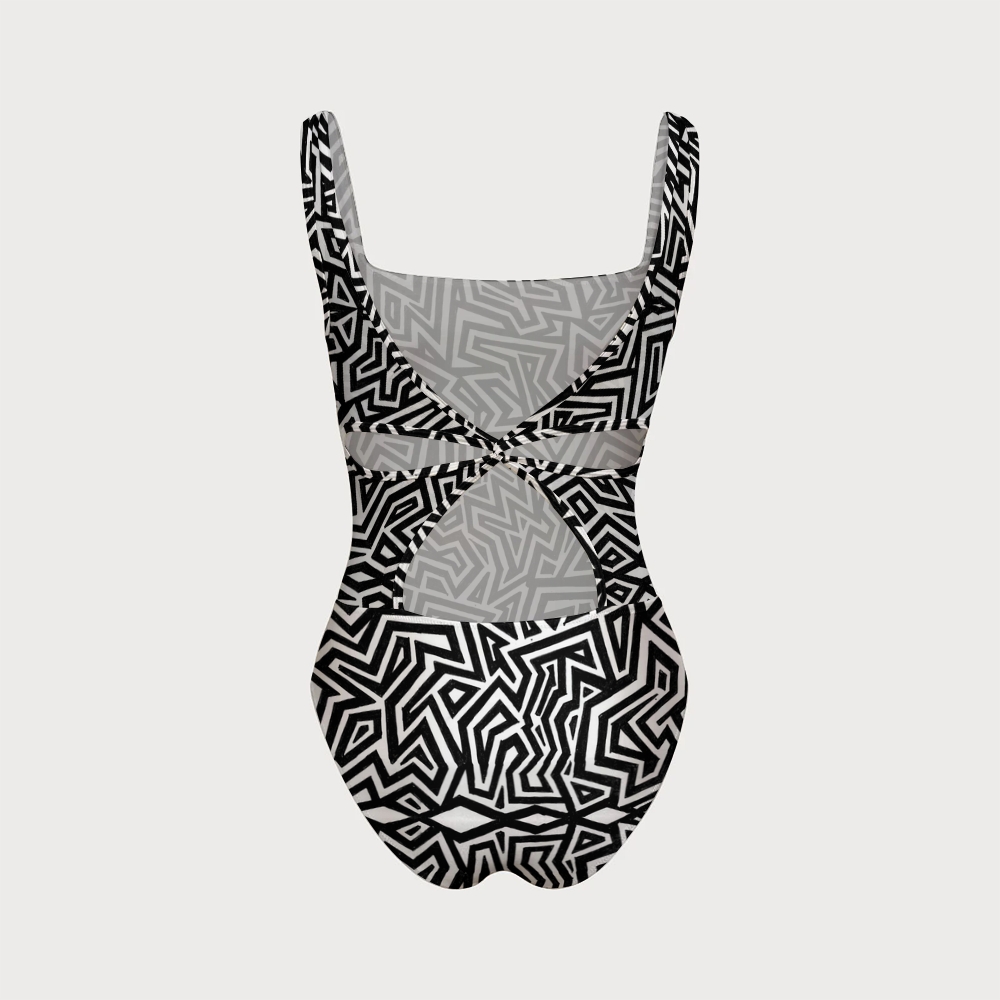 Minimalist Geometric Maze Print Back Crisscross One-Piece