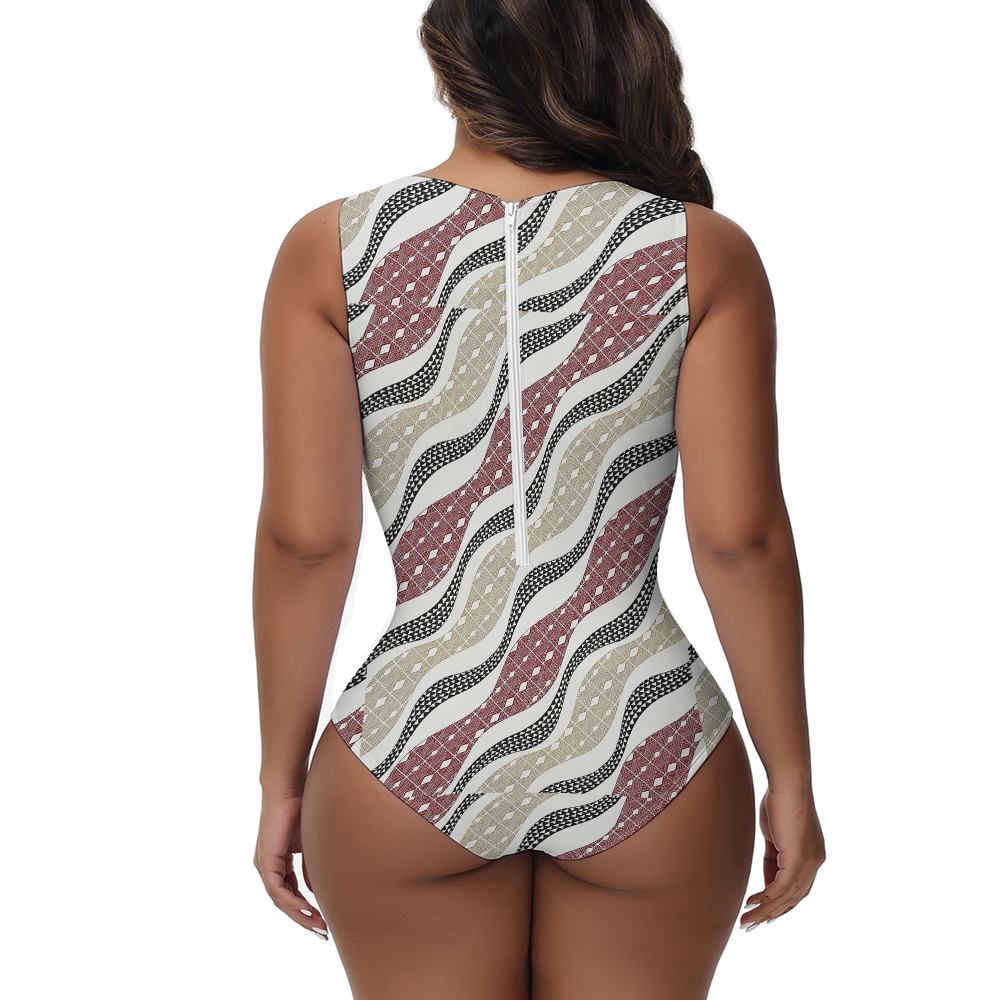 Boho Wave Geometric Jacquard Print Sleeveless Zipper One-Piece