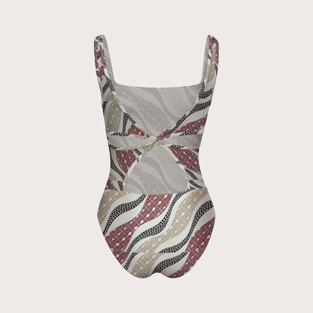 Boho Wave Geometric Jacquard Square Neck One-Piece
