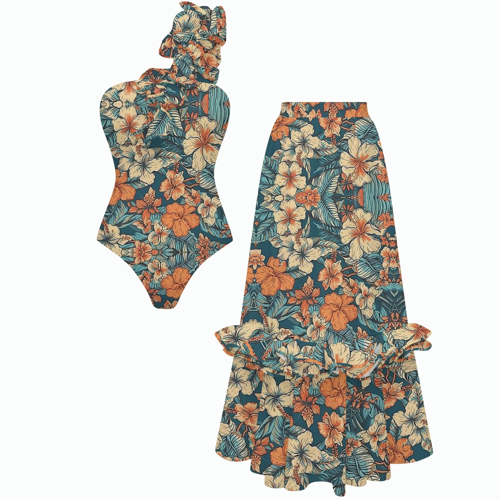 Tropical Hibiscus Palm Leaf Print Swimsuit with Maxi Skirt Set