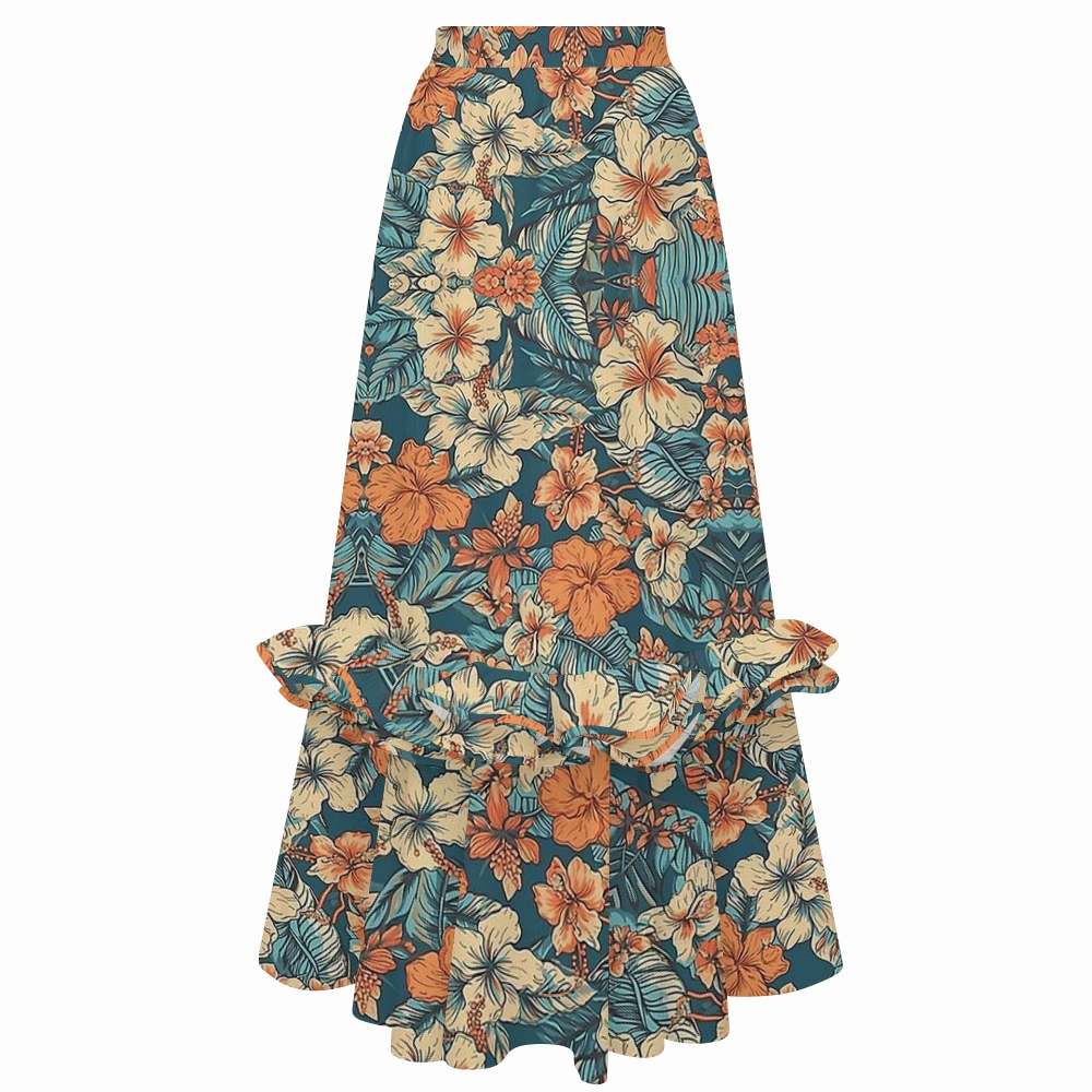 Tropical Hibiscus Palm Leaf Print Swimsuit with Maxi Skirt Set
