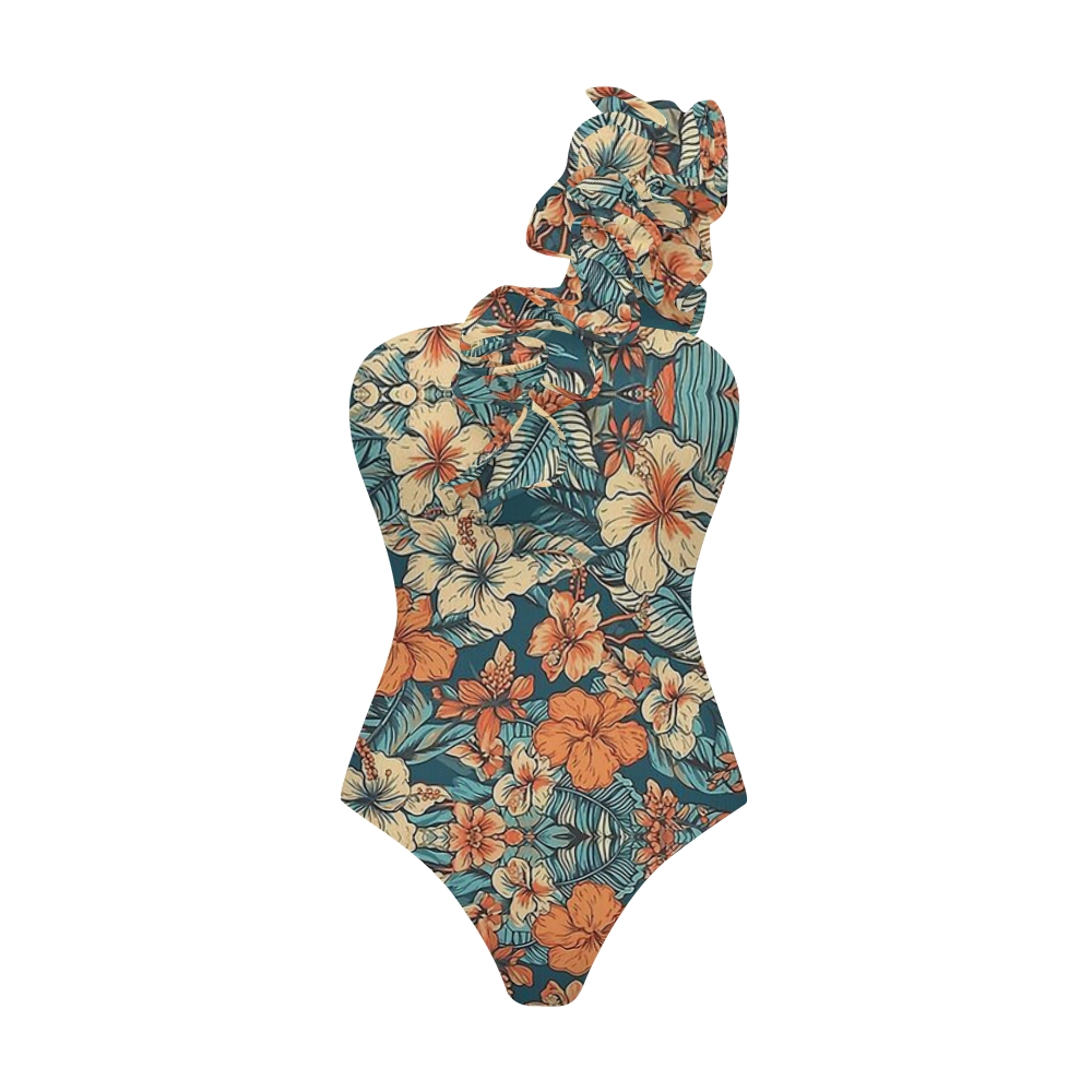 Tropical Hibiscus Palm Leaf Print Swimsuit with Maxi Skirt Set