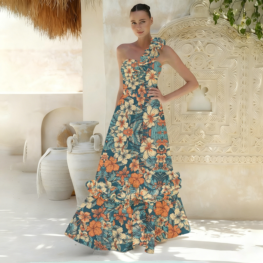 Tropical Hibiscus Palm Leaf Print Swimsuit with Maxi Skirt Set