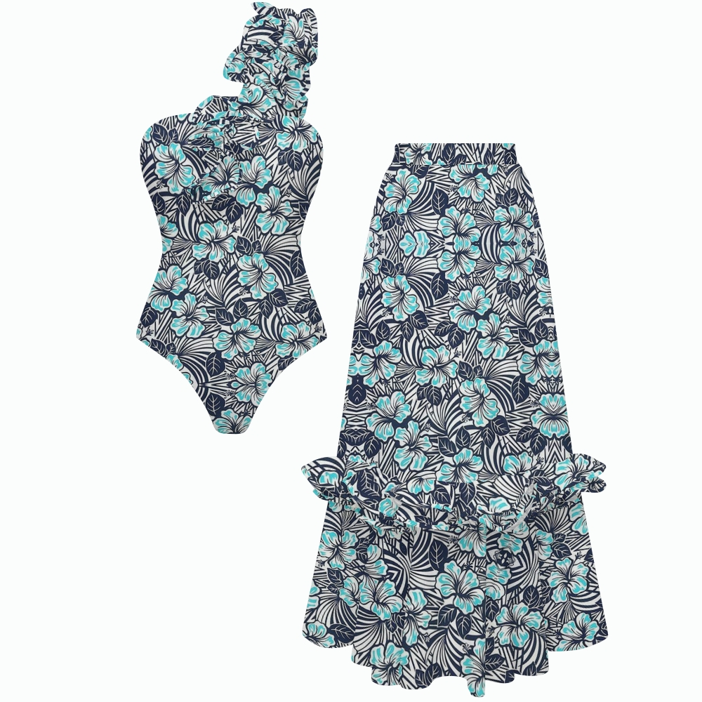 Tropical Hibiscus Print Ruffle Swimsuit with Ruffle Maxi Skirt Set
