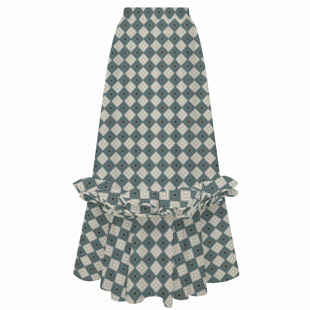 Retro Geometric Diamond Starburst Swimsuit with Ruffle Maxi Skirt Set